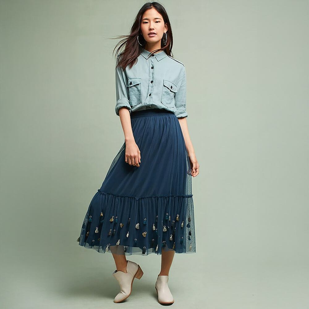Maeve by Anthropologie Masti Mesh Tulle Tassel Midi Skirt - XS - New